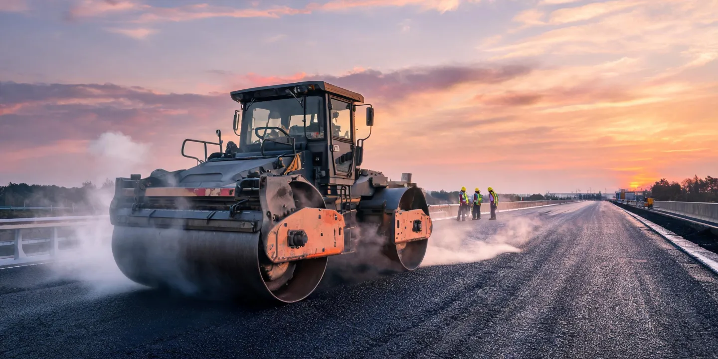 Vibratory tandem roller compacting highway asphalt overlay